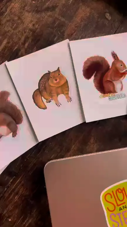 An open picture book showing two hand-painted squirrels