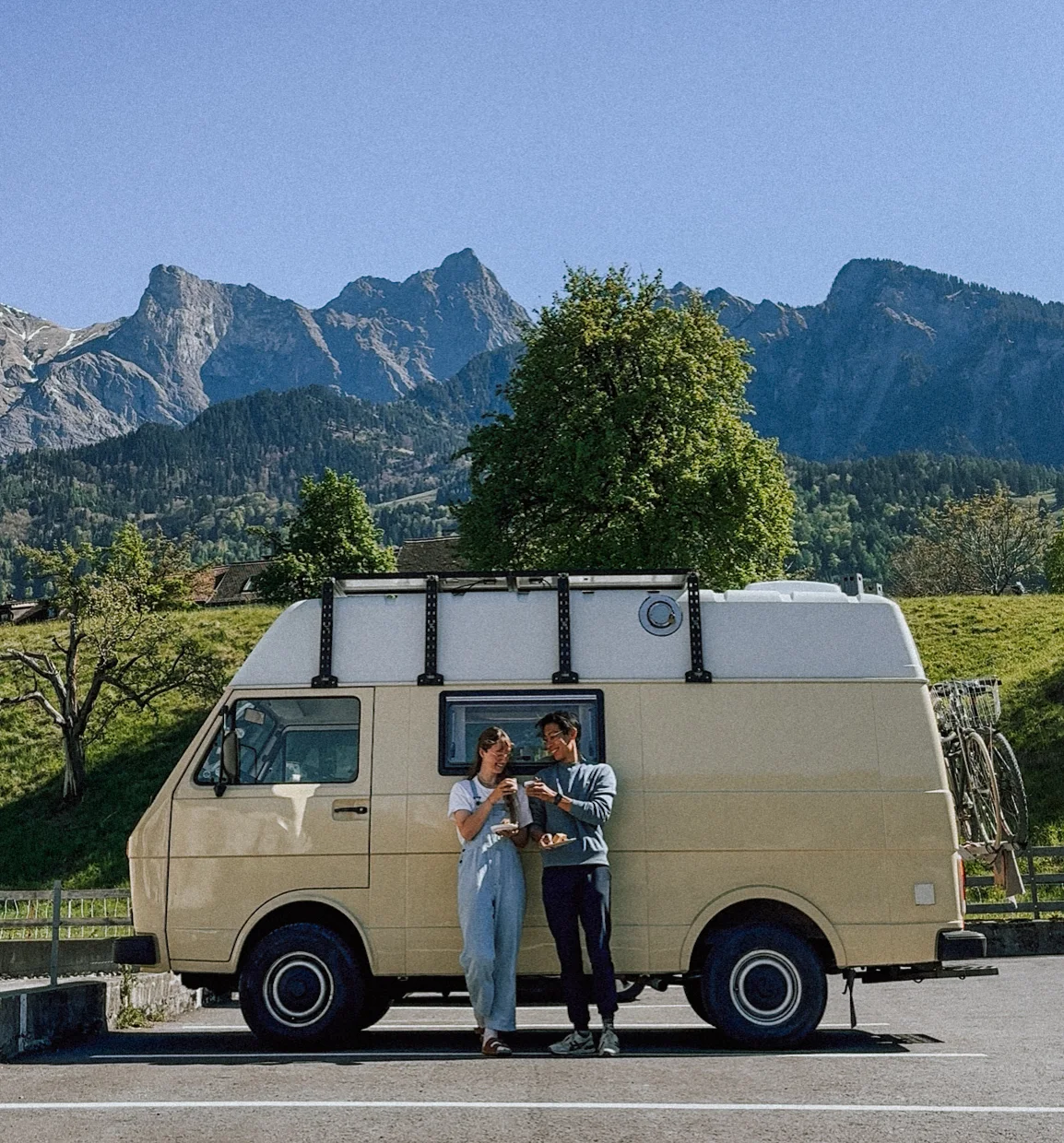 Evelyne and Frank with coffee beside Humbär, below the Swiss alps