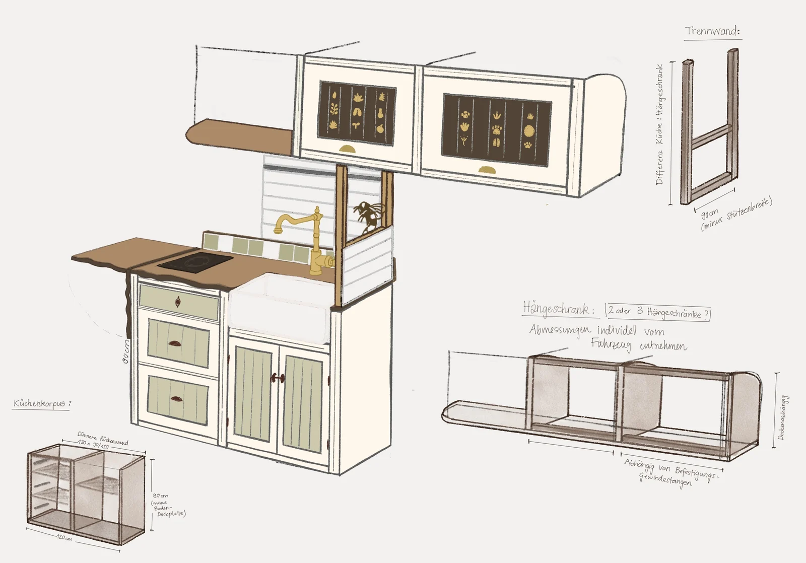 drawing of the kitchen counter and wall cabinets