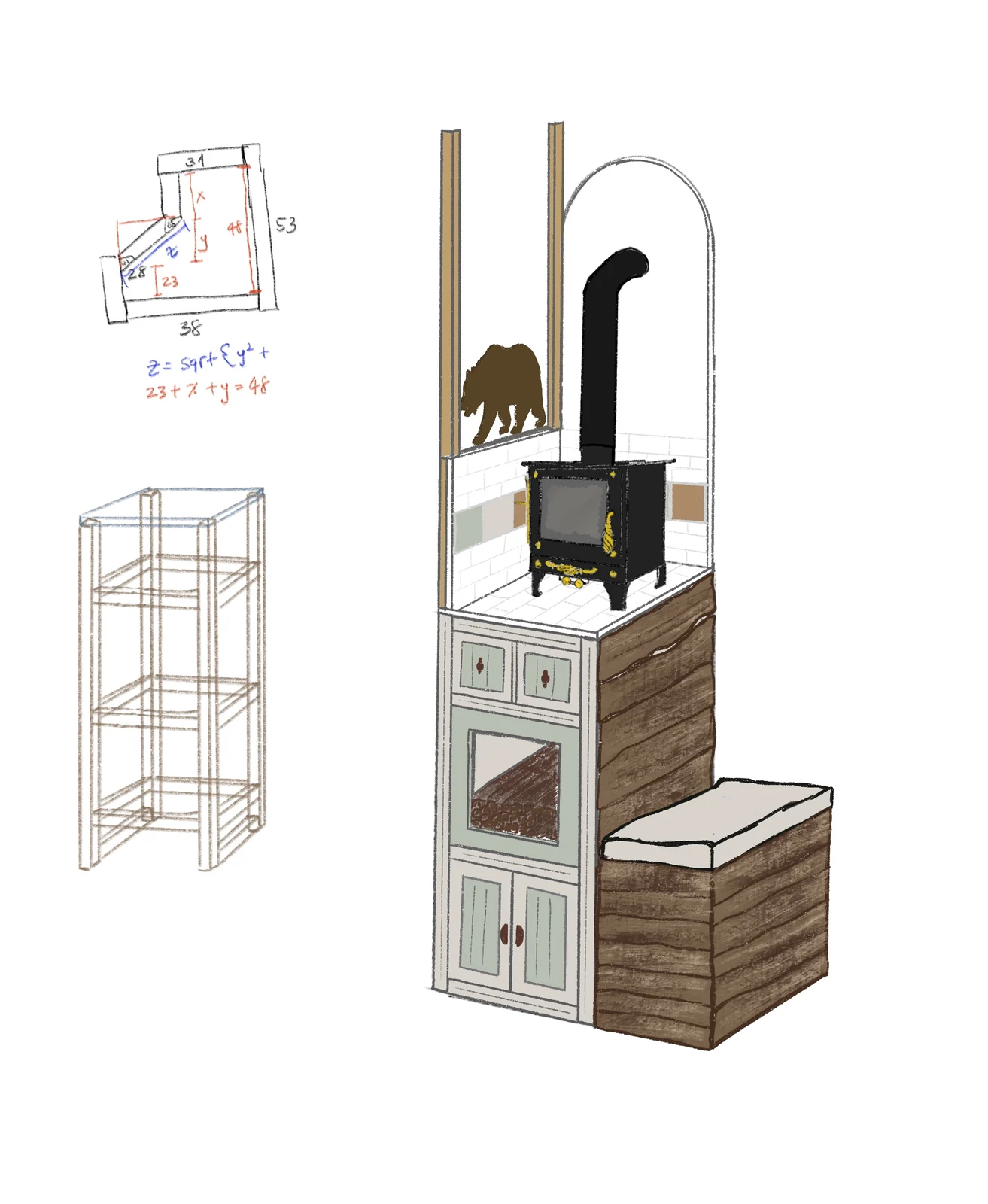 drawing of the stove cabinet with the wood stove
