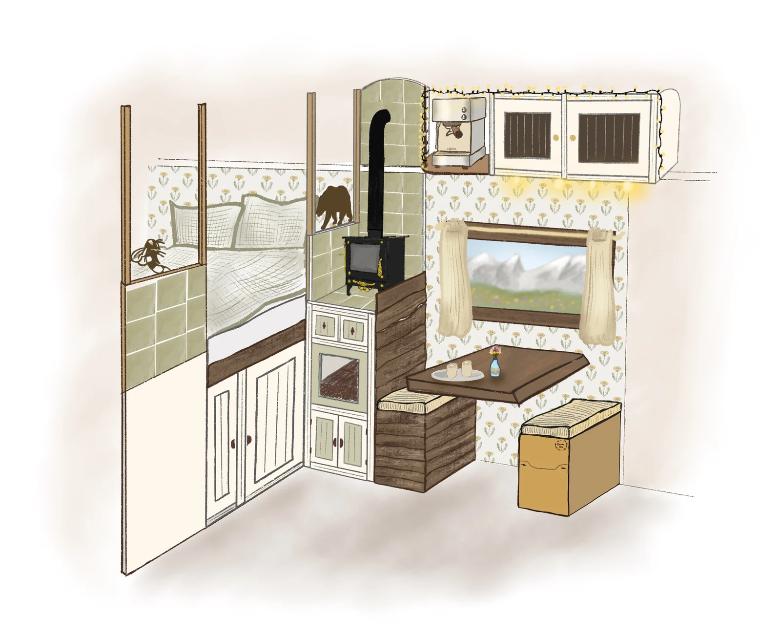 drawing of the dining table, bed and wood stove