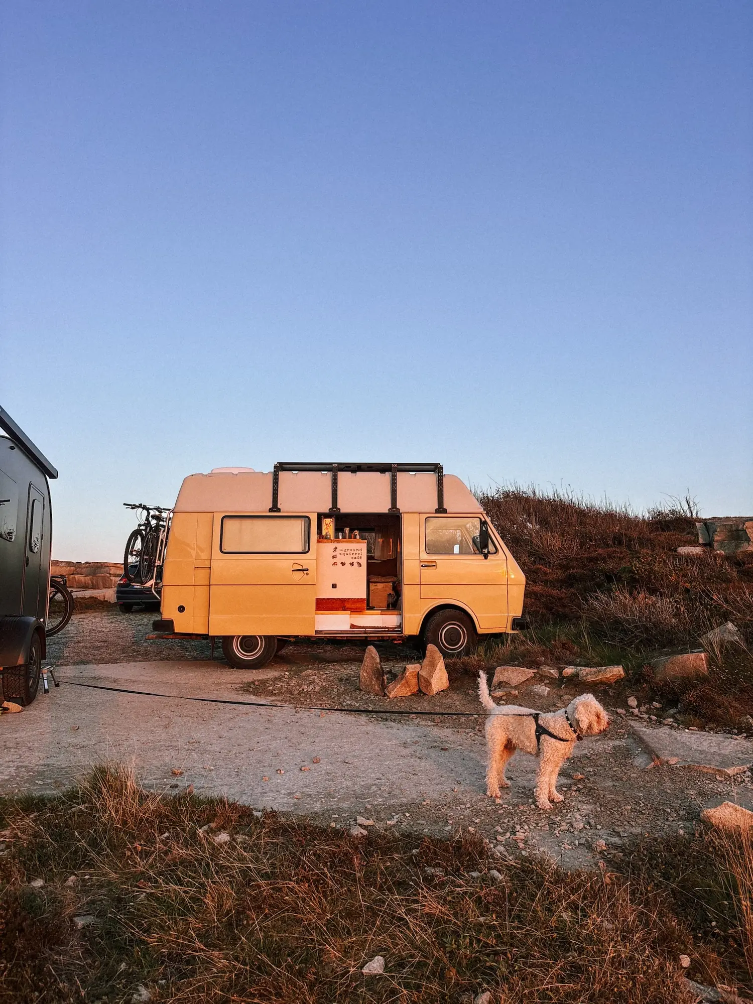 humbär in the evening light with the doors open and a dog in front