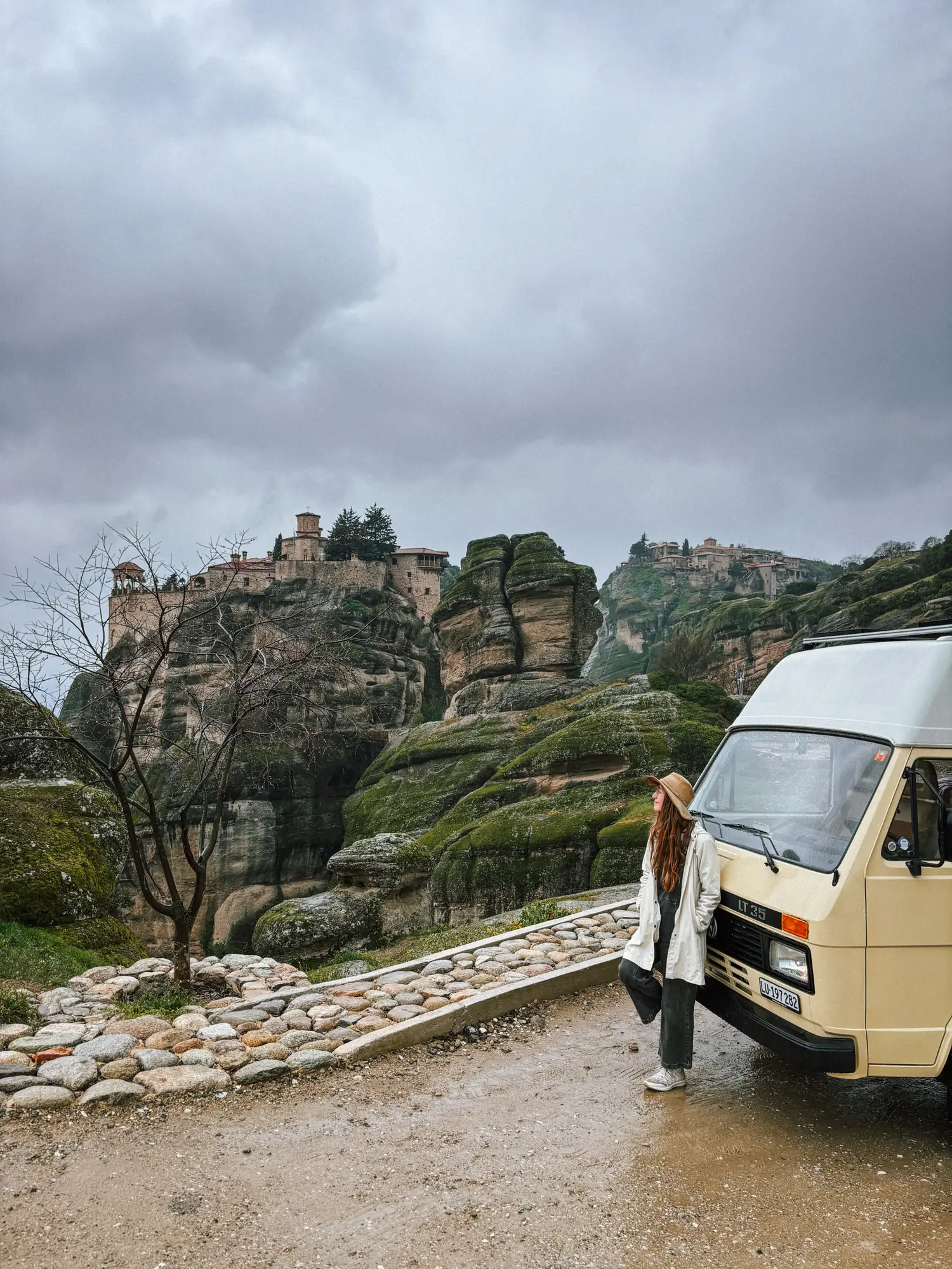 a gray day below the monasteries of meteora