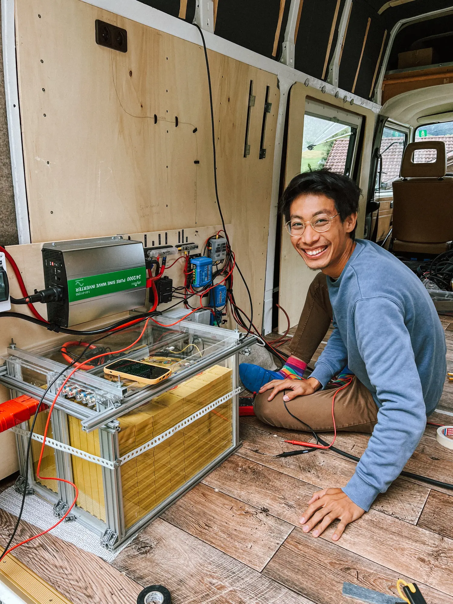 the finished battery pack on the van floor