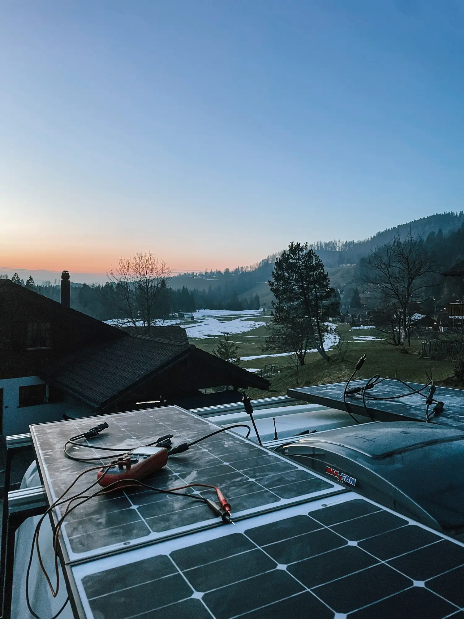 the panels in the last light of the day