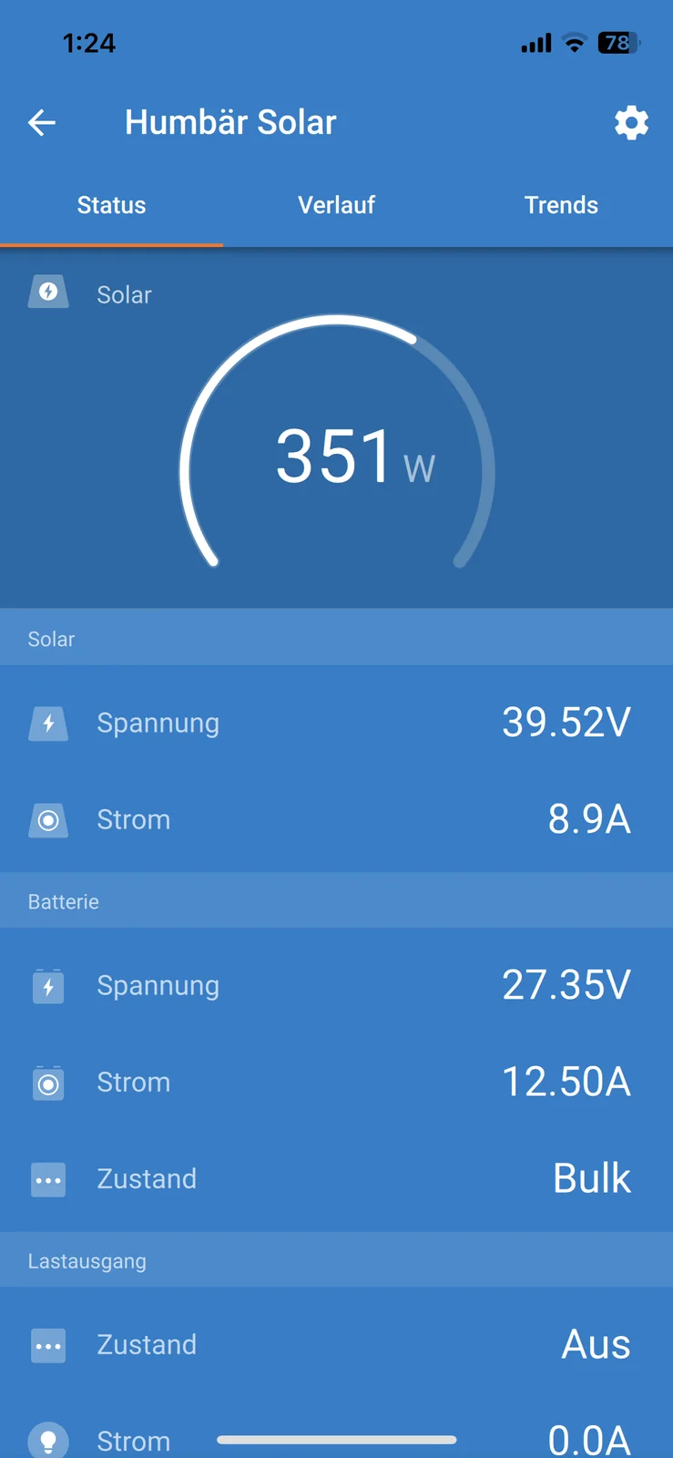 the victron app showing 351 watts from the roof