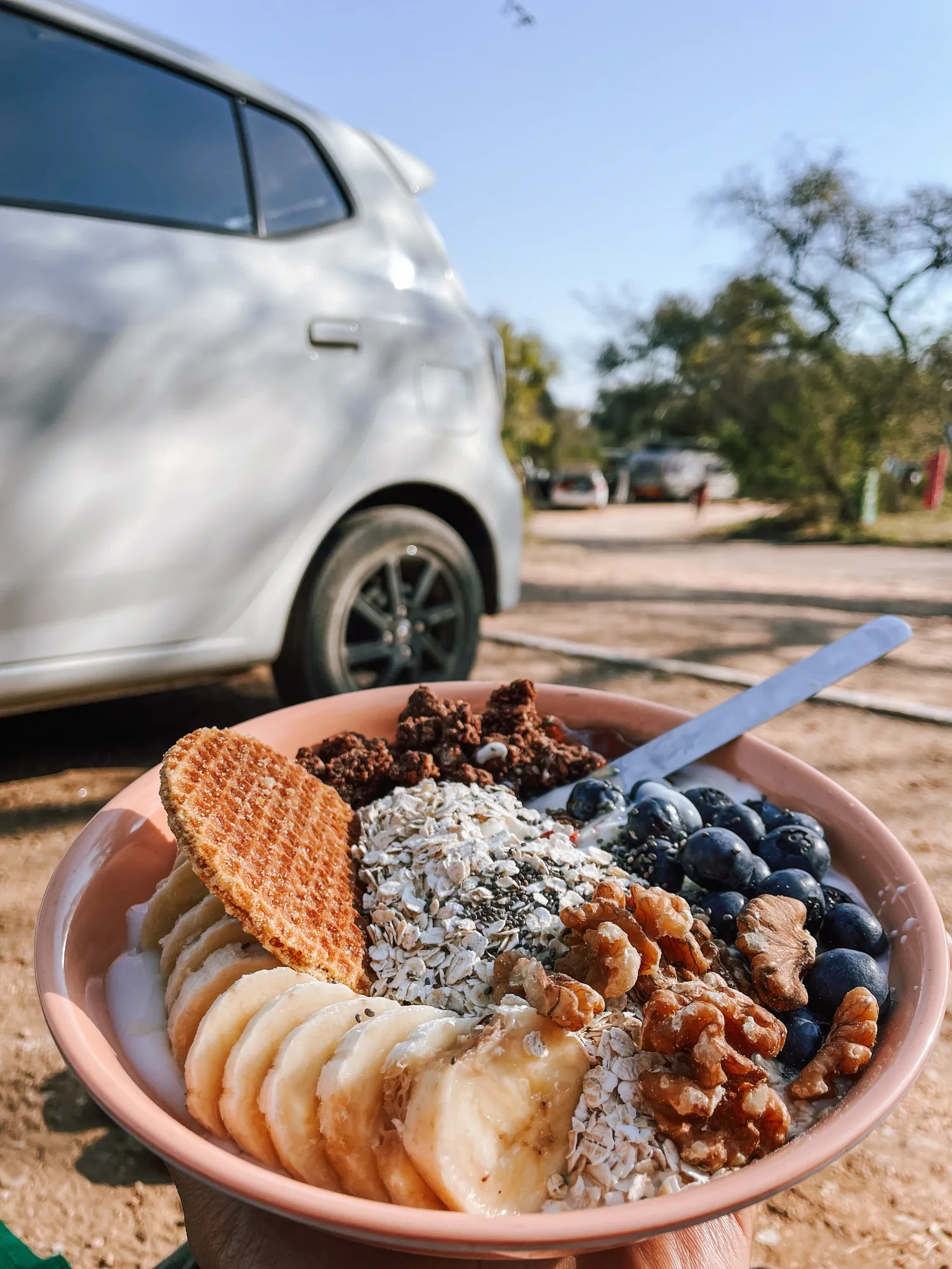 campsite romance: a granola bowl with fresh berries and a stroopwafel