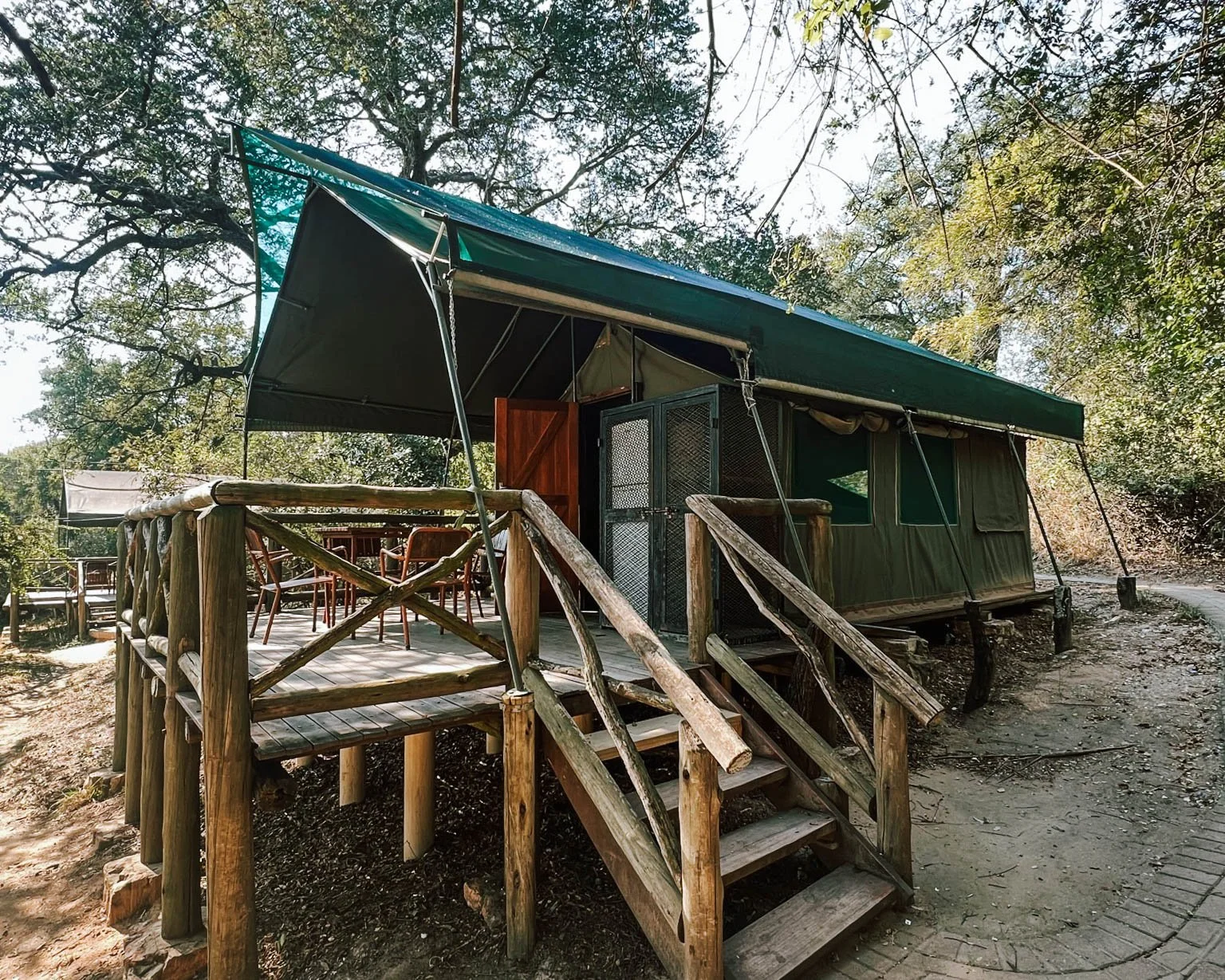 the terrace and the safari camp at tamboti tented camp