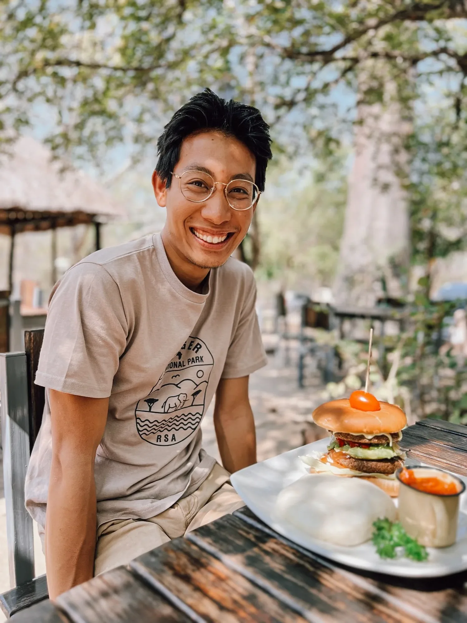 frank is very happy about his burger