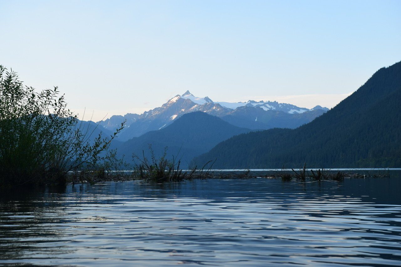 mount baker in the last light, seen from the viewpoint of our campground