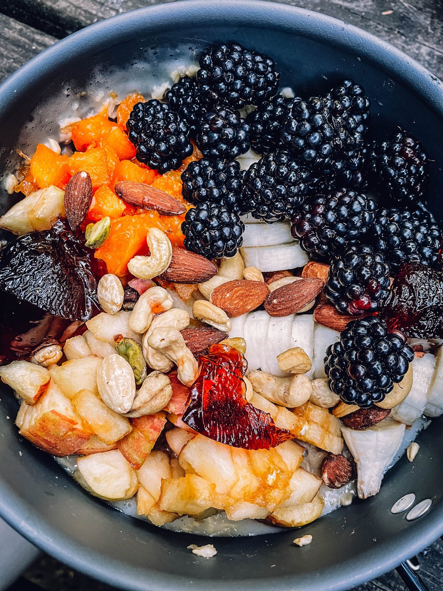 wild blackberry, apricot and apple porridge bowl for breakfast!