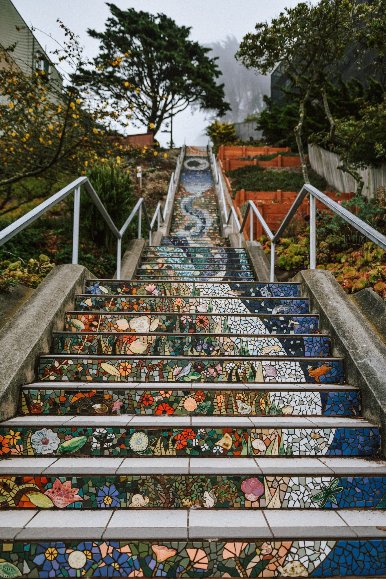 the mosaic tiled steps. can you find all the squirrels, turtles and bunnies?