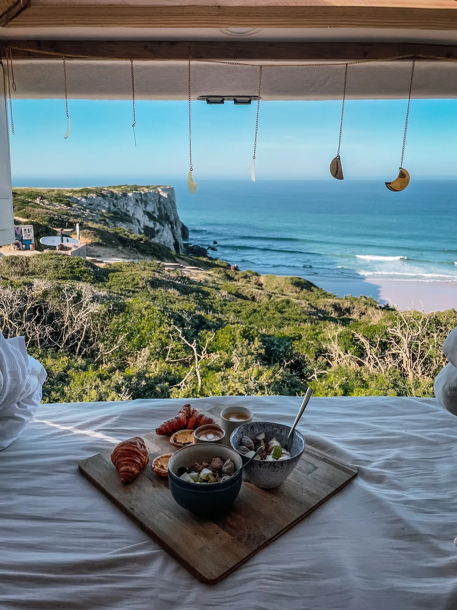 breakfast in the van looking out at the surf