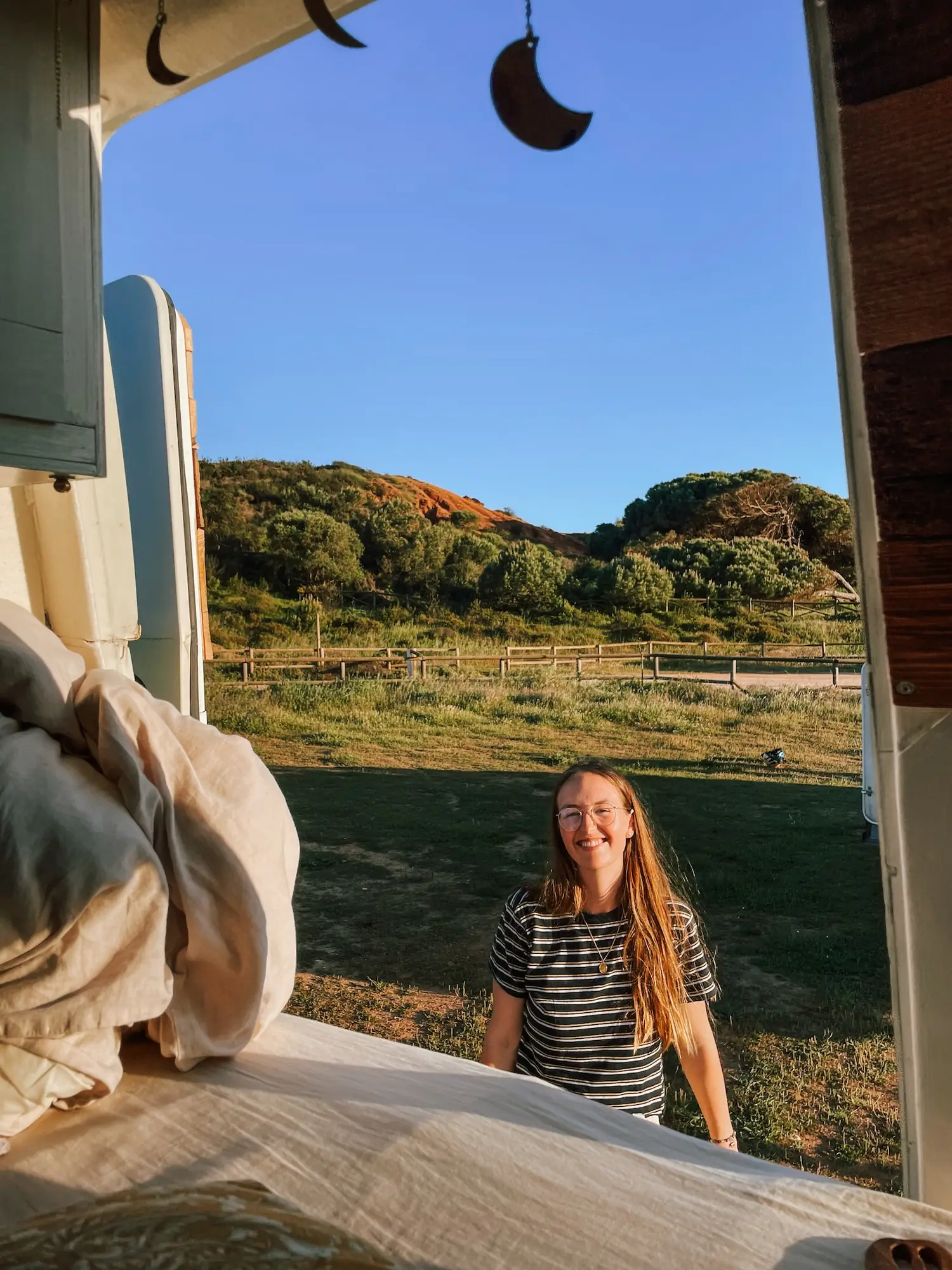 evelyne in the van at praia dos tomates