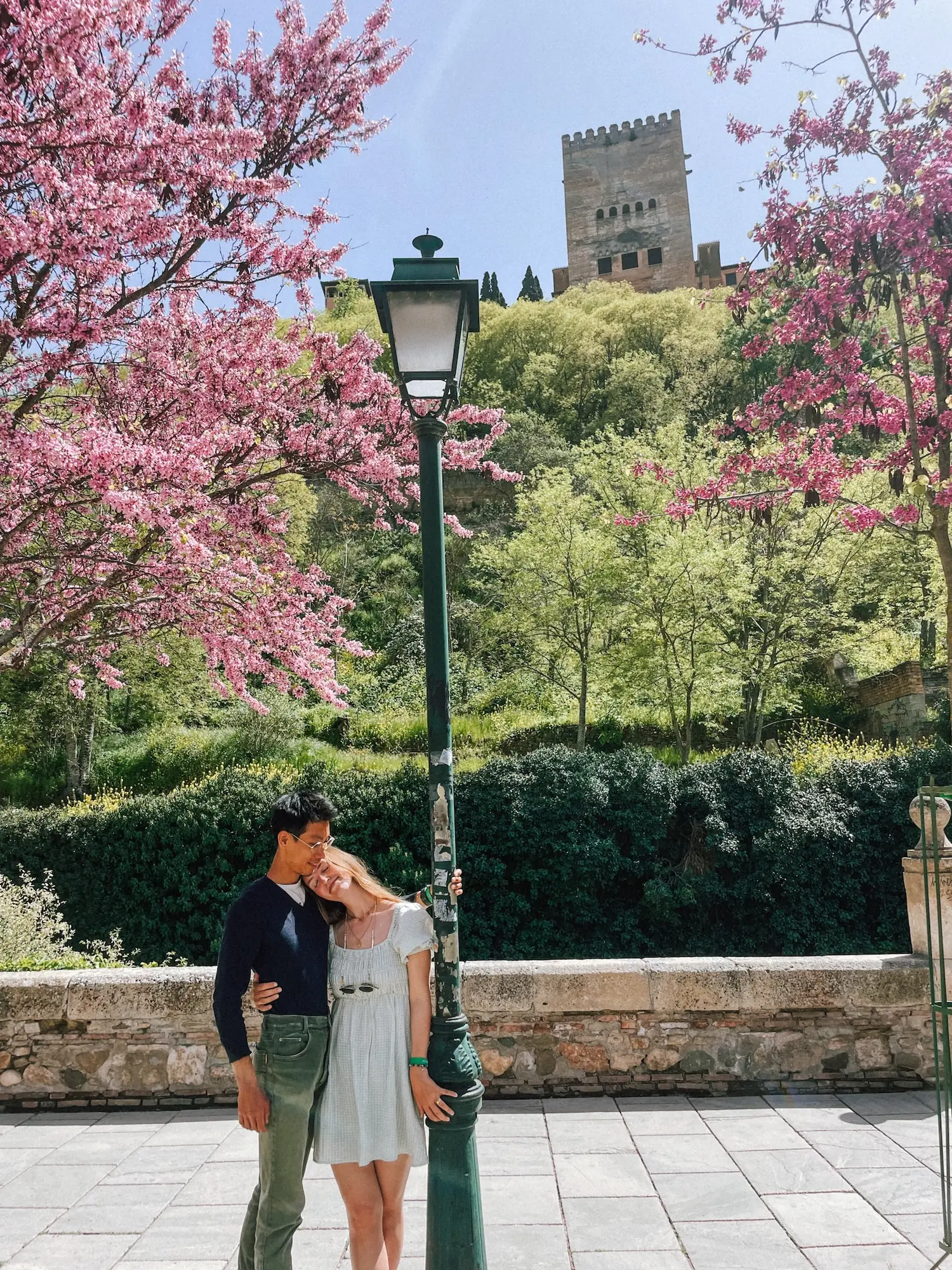 frank and evelyne under blossoming trees in granada