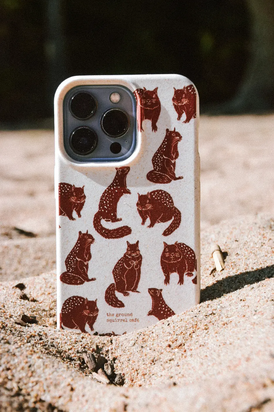 California ground squirrel phone case on an iPhone Pro, standing upright in the sand