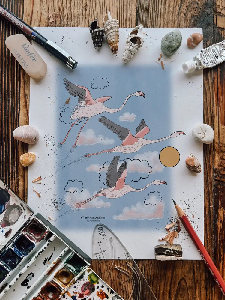 Flamingos above the clouds